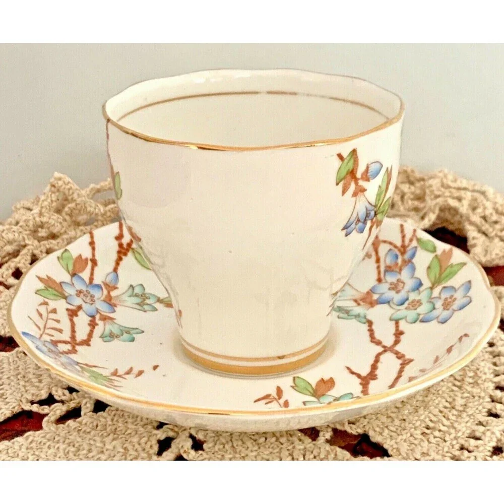 Bone China Tea Cup Saucer Duo Roslyn Picta circa 1950s Vintage England